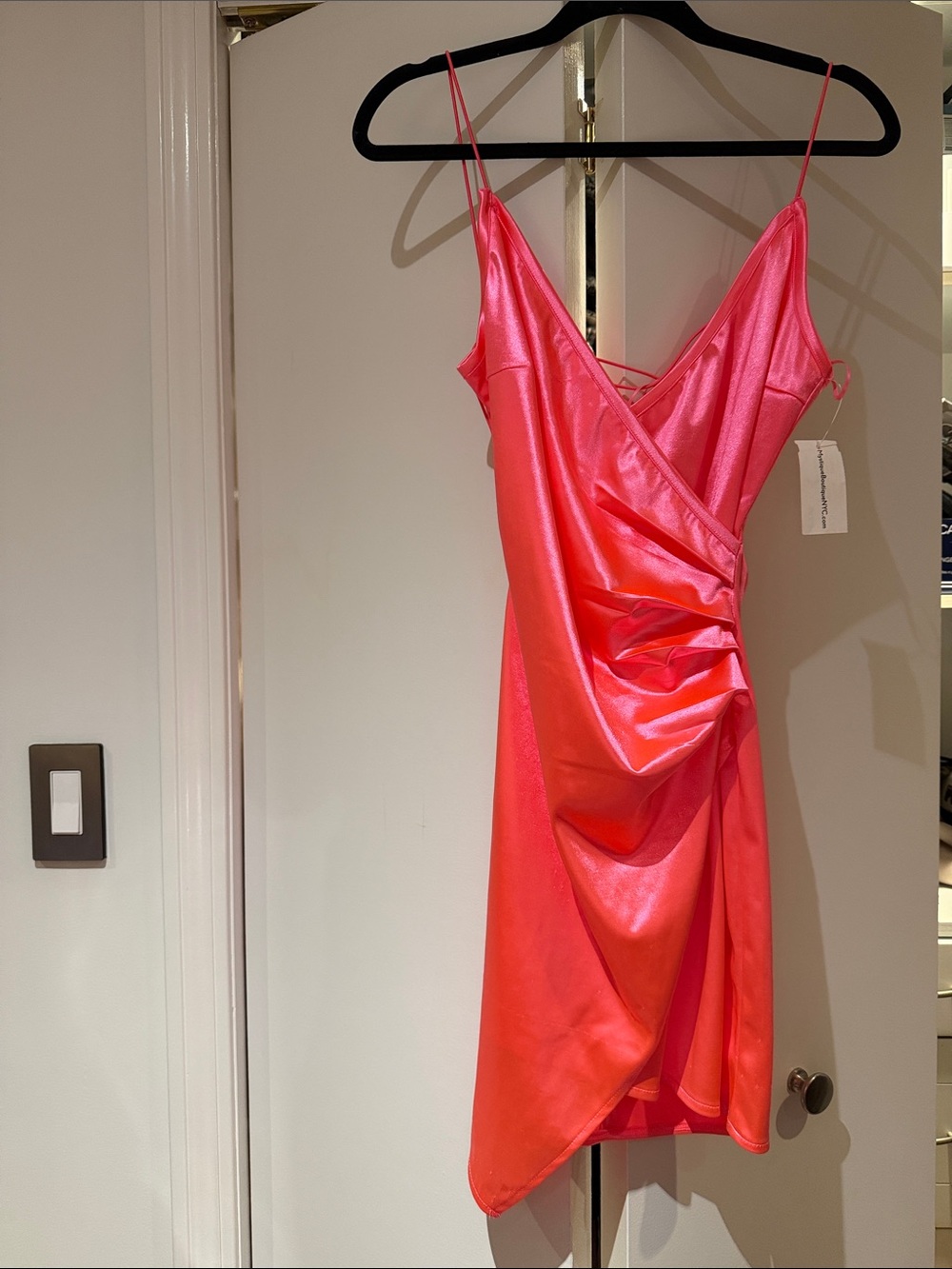 Satin V-Neck Spaghetti Strap Dress in Hot Pink